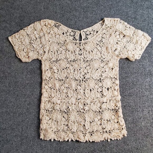 Lovely 153 Crochet Scoop Neck Cotton Tunic Top Cream Ivory Sheer Over Shirt S - Picture 2 of 14